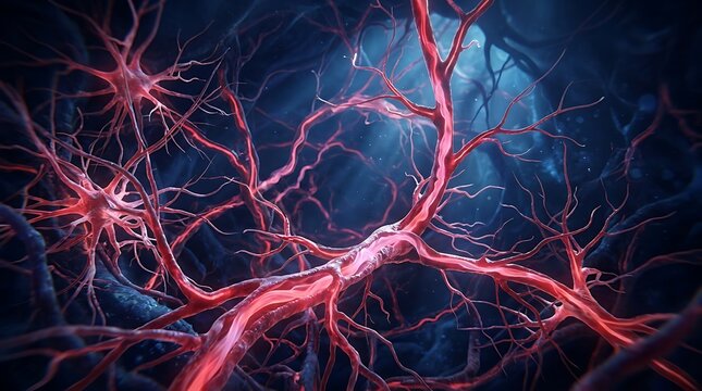 Red neuron network with blue light
