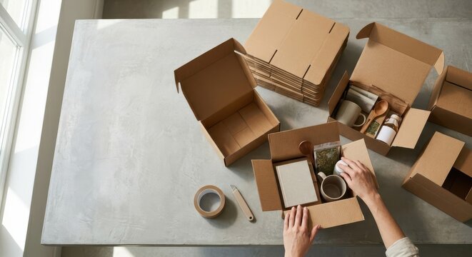 Top view of hands packing a cardboard gift box with a ceramic mug, notebook, and organic tea. Concrete workspace with packing supplies, tape, and flat-rate mailing boxes for shipping.