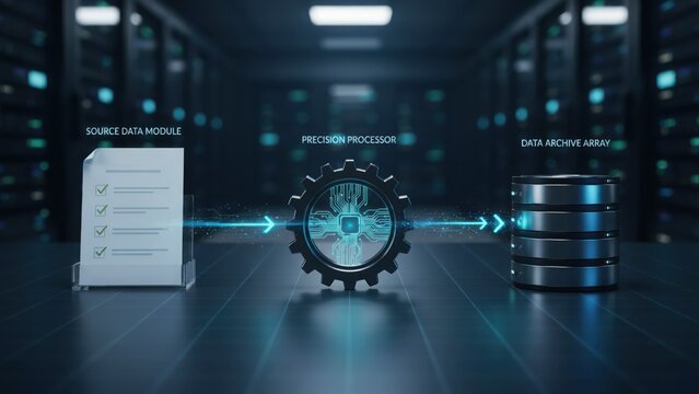 A data processing concept showing a source data module document, a central gear precision processor, and a data archive array in a server room