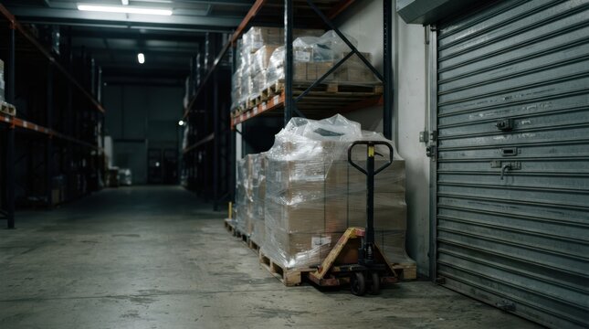 Empty warehouse aisle with shrink wrapped pallets, pallet jack, and lowered security shutter under fluorescent lights