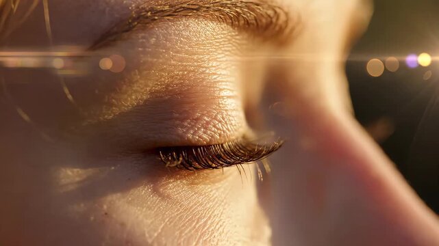 Macro close-up with a slow sideways camera slide across a person's eye. Female blinking slowly in warm golden evening light with lens flares. Human vision and observation concept