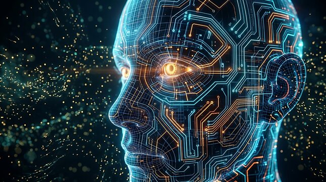 Digital human head with glowing circuit patterns