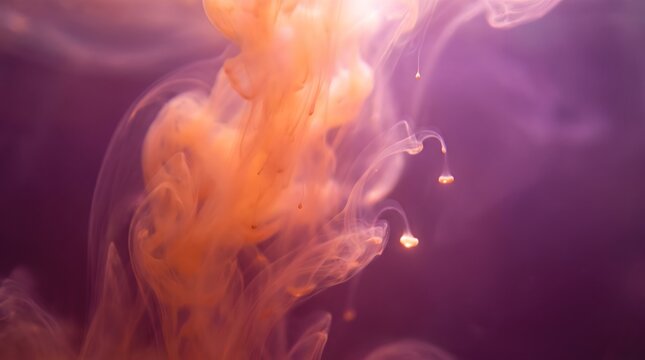 Orange ink clouds swirling in purple water creating abstract textures