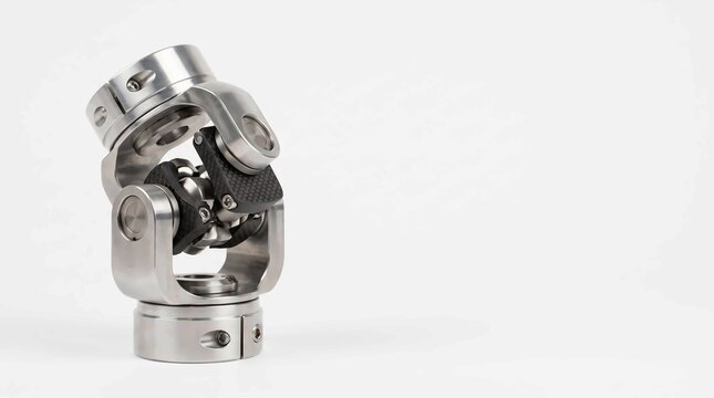 Industrial universal joint coupling made of polished stainless steel and textured carbon fiber components sits isolated on white background surface