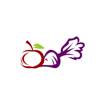 A flat vector logo illustration of a red apple with a green leaf next to a purple root vegetable or beet with leafy greens, isolated against a white background.