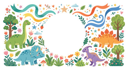 A cute cartoon frame featuring colorful dinosaurs, vibrant plants, flowers, and a blank space in the center for text. © Regina