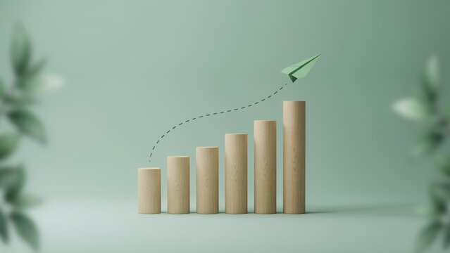 A bar chart made of wooden cylinders with a paper airplane flying above, representing business growth, success, and progress on green background