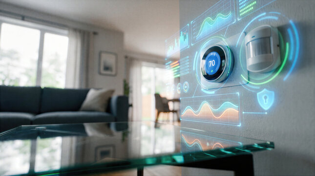 Smart home automation system displays temperature control and security monitoring on interactive wall panel within a modern living room, blending technology, comfort, and connected innovation.
