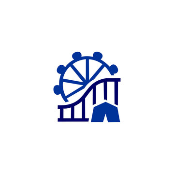 A flat vector logo and icon depicting an amusement park scene with a Ferris wheel, rollercoaster track, and a carnival tent, rendered in dark blue against a white background.