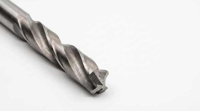 Industrial metal drill bit featuring sharp spiral flutes and polished steel finish captured in a clean macro studio photography shot