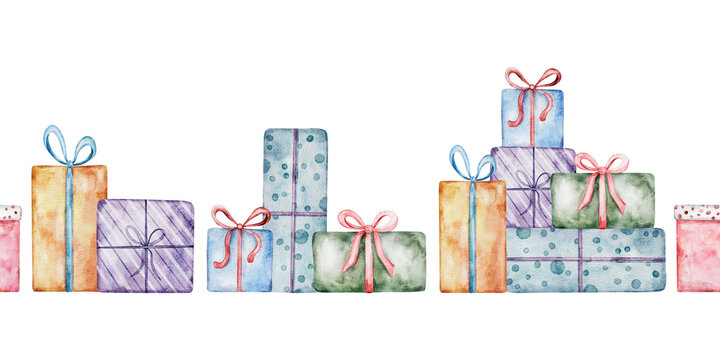 Seamless border of gift box with bow. Watercolor Hand drawn illustration. Celebration Surprise for Christmas or birthday party wrapping paper, textile and packaging. Surprise for Christmas or birthday