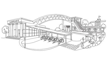 Fototapeta premium Architectural sketch of bridge and buildings white background.