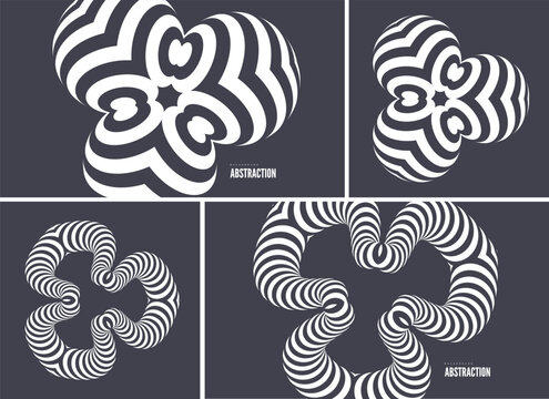 A striped figure with an optical illusion effect. An emblem or geometric shape for your design. 3D illustration for a brochure, postcard, cover, poster, presentation, flyer, or banner.