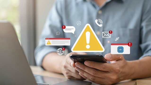 A person holding a smartphone with floating warning including an exclamation mark, ai symbol, and notification bubbles on a wooden desk
