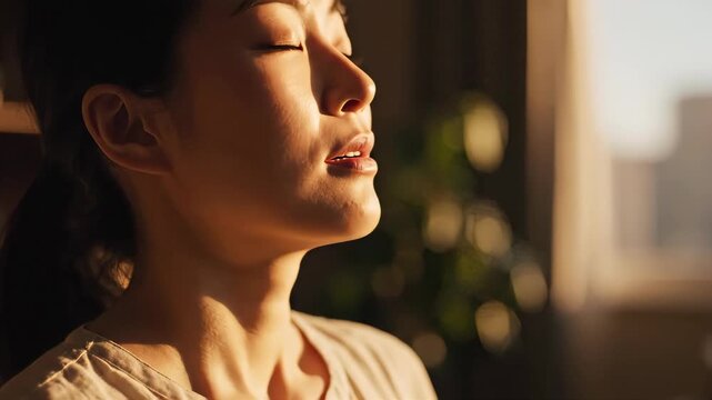 Close-up of an Asian woman taking a deep breath with eyes closed. Female relaxing and exhaling in warm sunlight. Mindfulness and stress relief concept