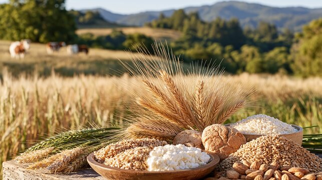 &Eacute;pis de bl&eacute;, farine et pain entour&eacute;s de c&eacute;r&eacute;ales devant un champ &agrave; la campagne