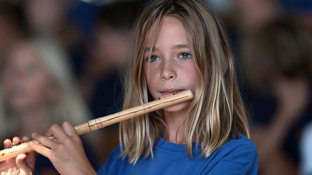 Jeune fille jouant d'une fl&ucirc;te en bois artisanale lors d'un cours de musique