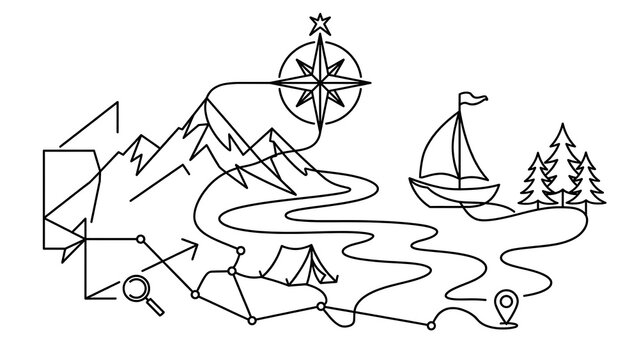 Adventure travel map illustration white background.