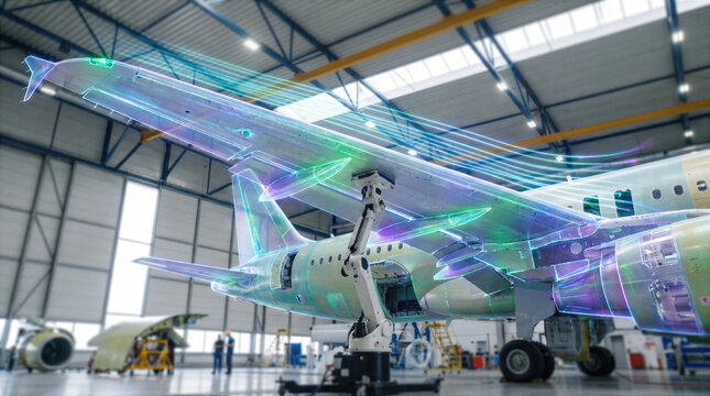 Aircraft undergoes robotic inspection and digital analysis in a hangar, blending aerospace engineering with technology, automation and innovation for aviation manufacturing.