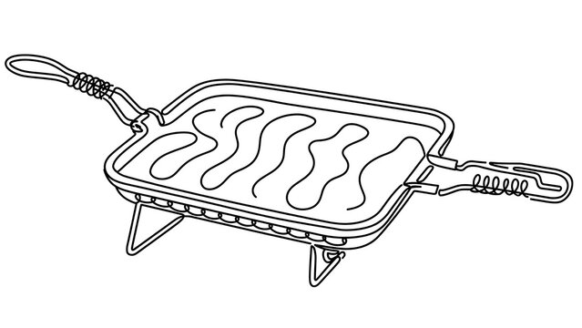 Black and white line drawing of a grill pan white background.