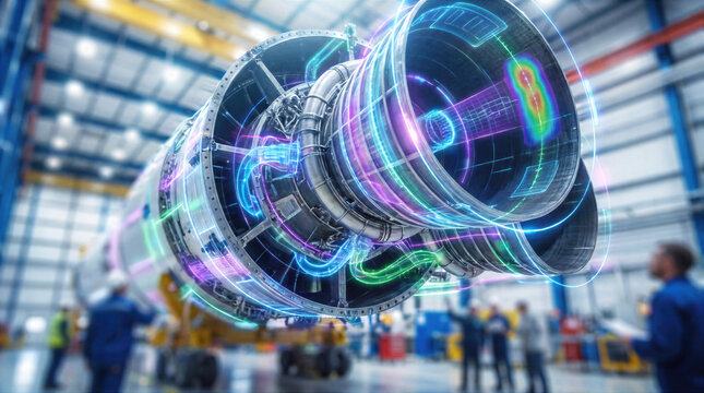 Jet engine turbine undergoes digital analysis with thermal scan overlay and wireframe visualization in aerospace manufacturing hangar, blending engineering precision with automation and diagnostics.