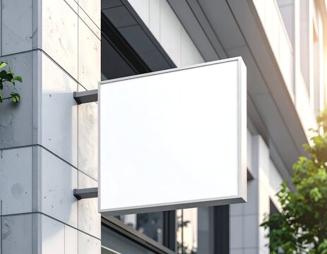 A blank, white, square sign mounted on a modern building facade with sunlit accents