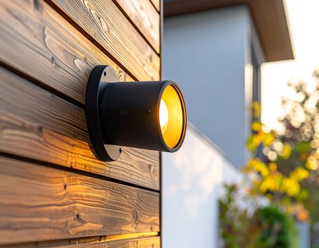 Illuminated black outdoor light fixture attached to a wooden wall, with warm glow
