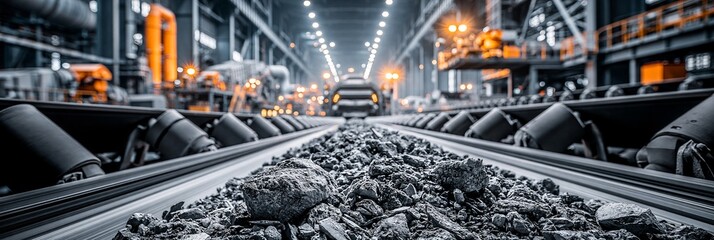 Fototapeta premium Conveyor belts transporting coal in industrial facility. Coal moving on conveyor belts in a large factory or mining plant