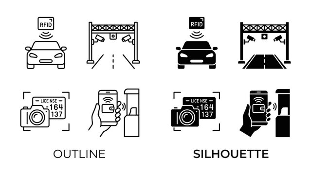 Electronic Toll Collection System: An illustration depicts an electronic toll collection system, showcasing RFID technology in cars, camera recognition of license plates.