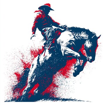 Cowboy riding bucking bronco with dynamic red splashes. Cowboy rider skillfully staying on a wild bucking bronco in a challenging rodeo event