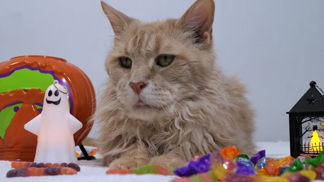 Fluffy ginger cat resting behind Halloween candy and ghost lamp