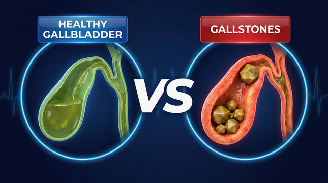 3d render comparison of healthy gallbladder and diseased gallbladder with gallstones in medical infographic