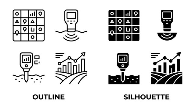 Soil Testing Equipment and Data: Icons depicting soil testing devices, soil analysis charts, and farming landscape graphs, presented in both outline and silhouette styles.