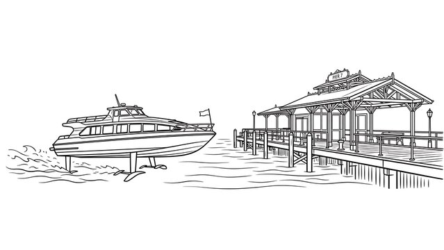 Boat and pier illustration on white background.