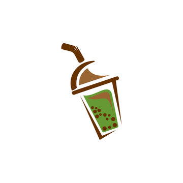 A flat vector logo and icon depicting a tilted cup of boba tea or bubble tea with a straw and tapioca pearls inside, rendered in brown and green tones against a solid white background.