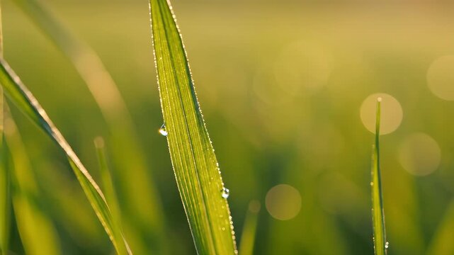 Macro close-up of a single green blade of grass with water droplets swaying in a light breeze. Fresh morning dew with soft blurred bokeh background