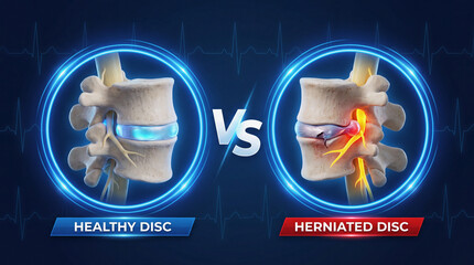 Obraz premium Medical comparison diagram showing healthy versus herniated lumbar spinal disc with nerve compression