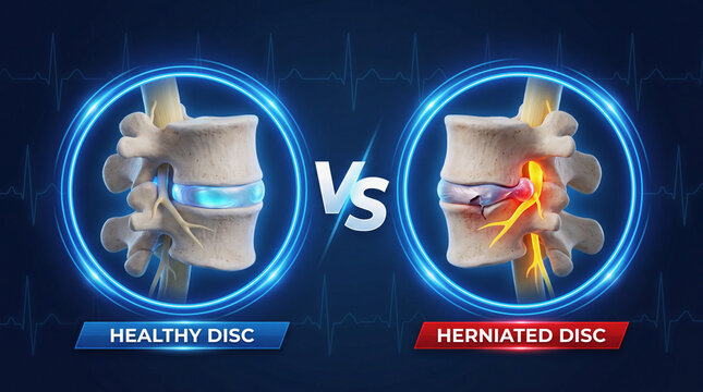 Medical comparison diagram showing healthy versus herniated lumbar spinal disc with nerve compression