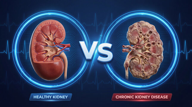 Kidney health comparison graphic showing healthy organ and chronic kidney disease medical illustration