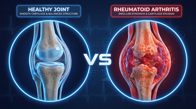 3d render of human knee joint comparing healthy structure and rheumatoid arthritis pathology