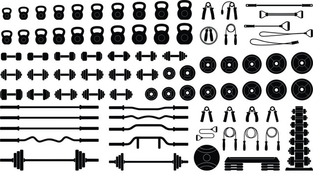 Fitness gym workout equipment icons set with dumbbells kettlebells barbells jump ropes weight plates and aerobic steps vector silhouette