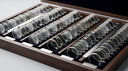 Naklejka premium Close-up of trial lens set in wooden case, optical testing equipment