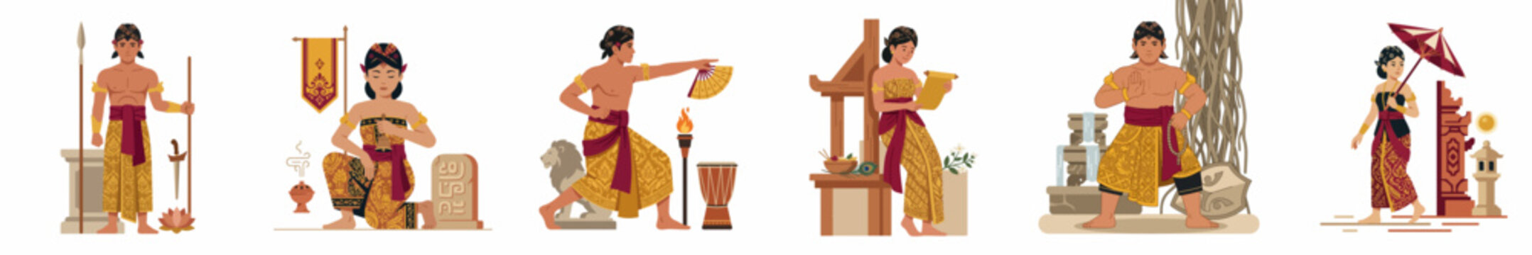 Set of Balinese People in Traditional Clothing and Cultural Settings Illustrating Indonesian Heritage and Customs