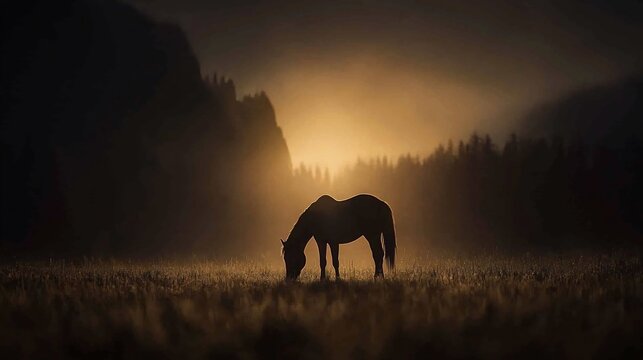 Silhouetted horse grazing in a misty sunrise meadow.