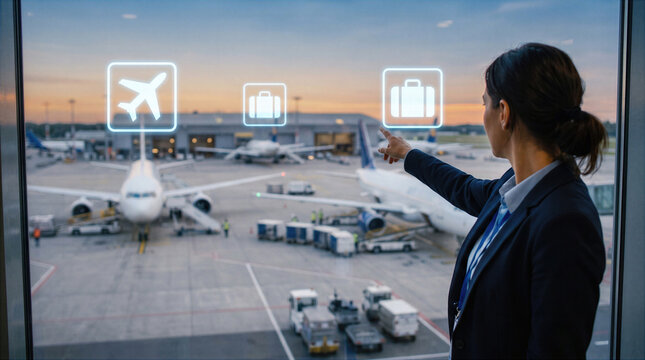 Businesswoman interacts with digital interface at airport terminal, selecting flight and luggage icons for travel planning, modern aviation technology and smart transportation solutions.