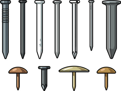 Metal hardware nails and brass upholstery tacks icons set for carpentry renovation and construction flat line vector illustration