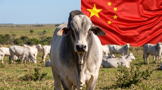 A Brahman bull stands proud in a field with other cattle, with the Chinese flag waving in the background, symbolizing the agricultural connection between the two.