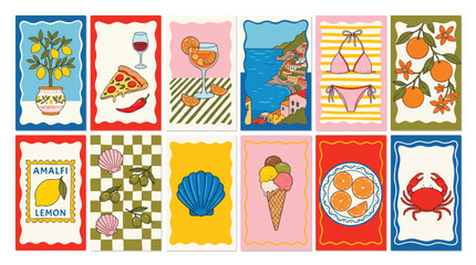 Fototapeta premium Italian Amalfi Coast and Mediterranean Summer Lifestyle Postcard Illustration Set