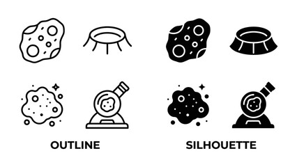 Cosmic Rock Icons: A set of outline and silhouette icons representing asteroids and craters, suitable for scientific or space-themed designs. © Ajhar234