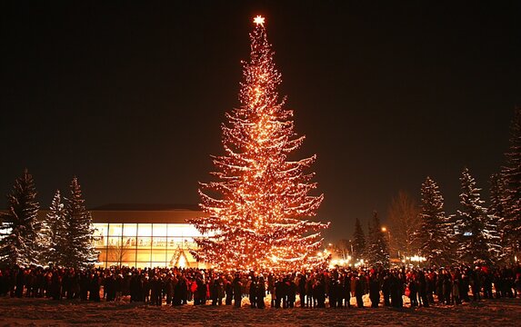Illuminated Christmas tree at night with crowd.